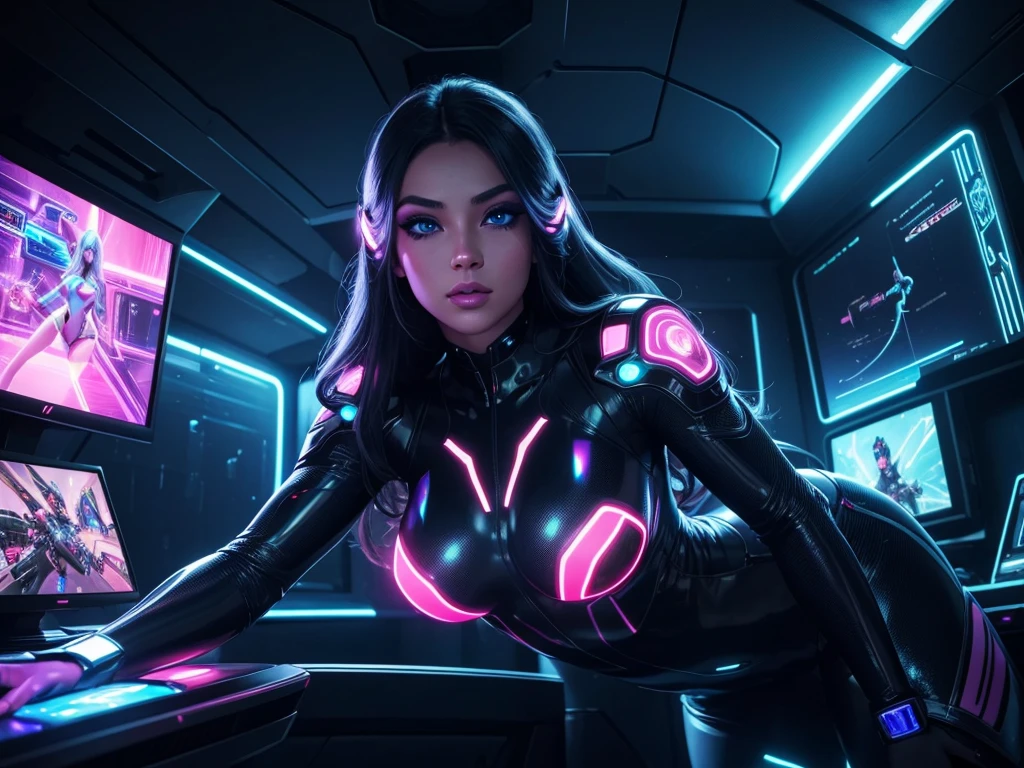 a sexy woman playing video games in a futuristic spaceship, beautiful detailed eyes, beautiful detailed lips, extremely detailed face, long eyelashes, beautiful woman, tight bodysuit, holographic displays, neon lights, glowing monitors, sleek and modern interior, cinematic lighting, vibrant colors, photorealistic, 8k, high quality, concept art