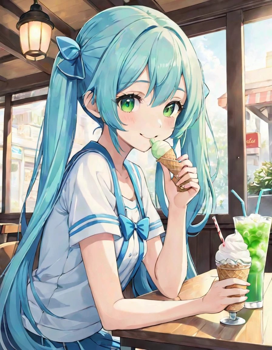 Anime girl drinking ice cream on green drink at table by window, Light blue long hair、Twin-tailed Girl、Bright smile、cream soda、Cute realistic portrait, Cute girl anime visuals, Soda themed girl, Cute Anime Girl, Anime Moe Art Style, With a straw, Splash art anime 