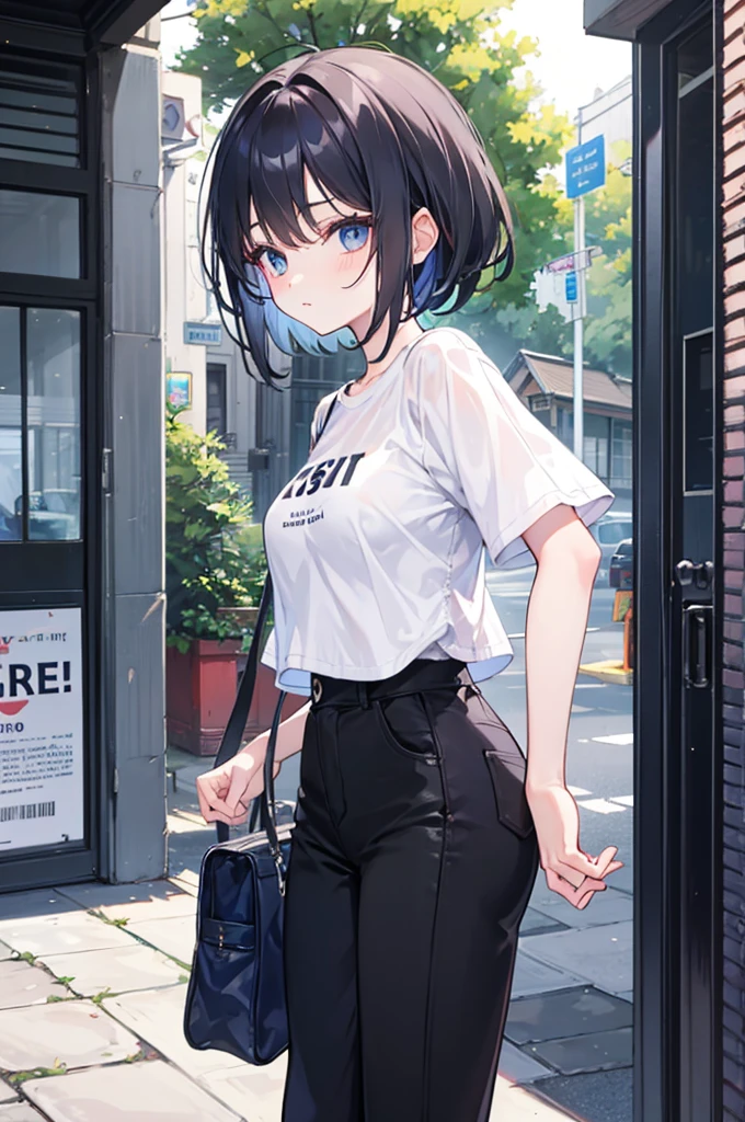 A 15 year old girl, wear a long top, a pair of pants/short short, It&#39;s cute, slim, with brown hair and black eyes. 