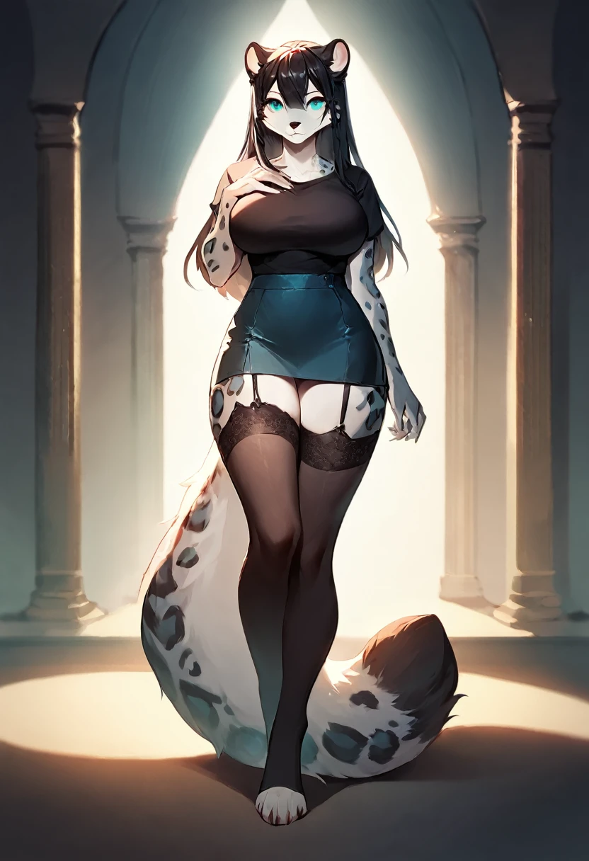 score_9, score_8_up, score_7_up, score_6_up, score_5_up, score_4_up, (solo), female anthro Snow leopard, black shirt, mini skirt, lusty, fluffy body, long dark black hair, turquoise eyes, (thick thighs:1.3) (she is standing) garter belt tights, giant breasts