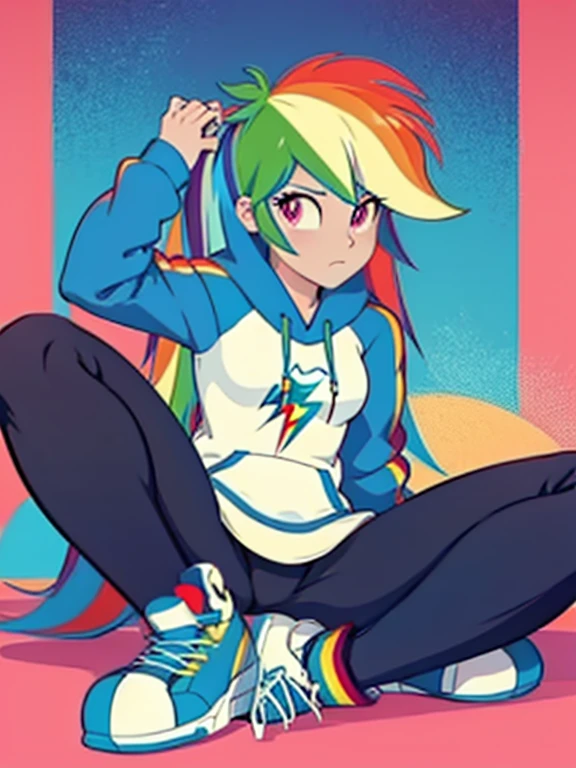 best quality, high quality, a cute girl, solo, rainbow dash, hoodie, yoga pants, legs spreading, legs spread