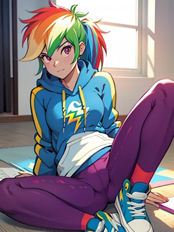 best quality, high quality, a cute girl, solo, rainbow dash, hoodie, yoga pants, legs spreading, legs spread