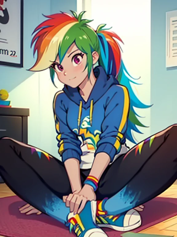 best quality, high quality, a cute girl, solo, rainbow dash, hoodie, yoga pants, legs spreading, legs spread