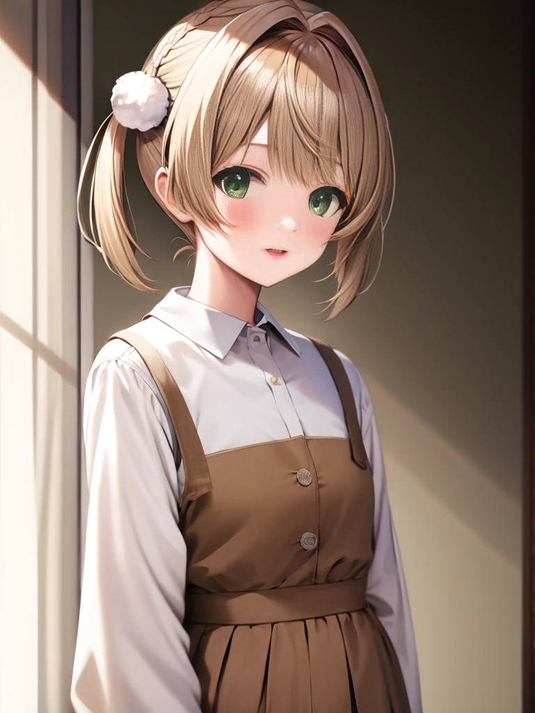 solo,short hair,light brown hair,twintails,pom pom hair ornament,hair intakes,green eyes