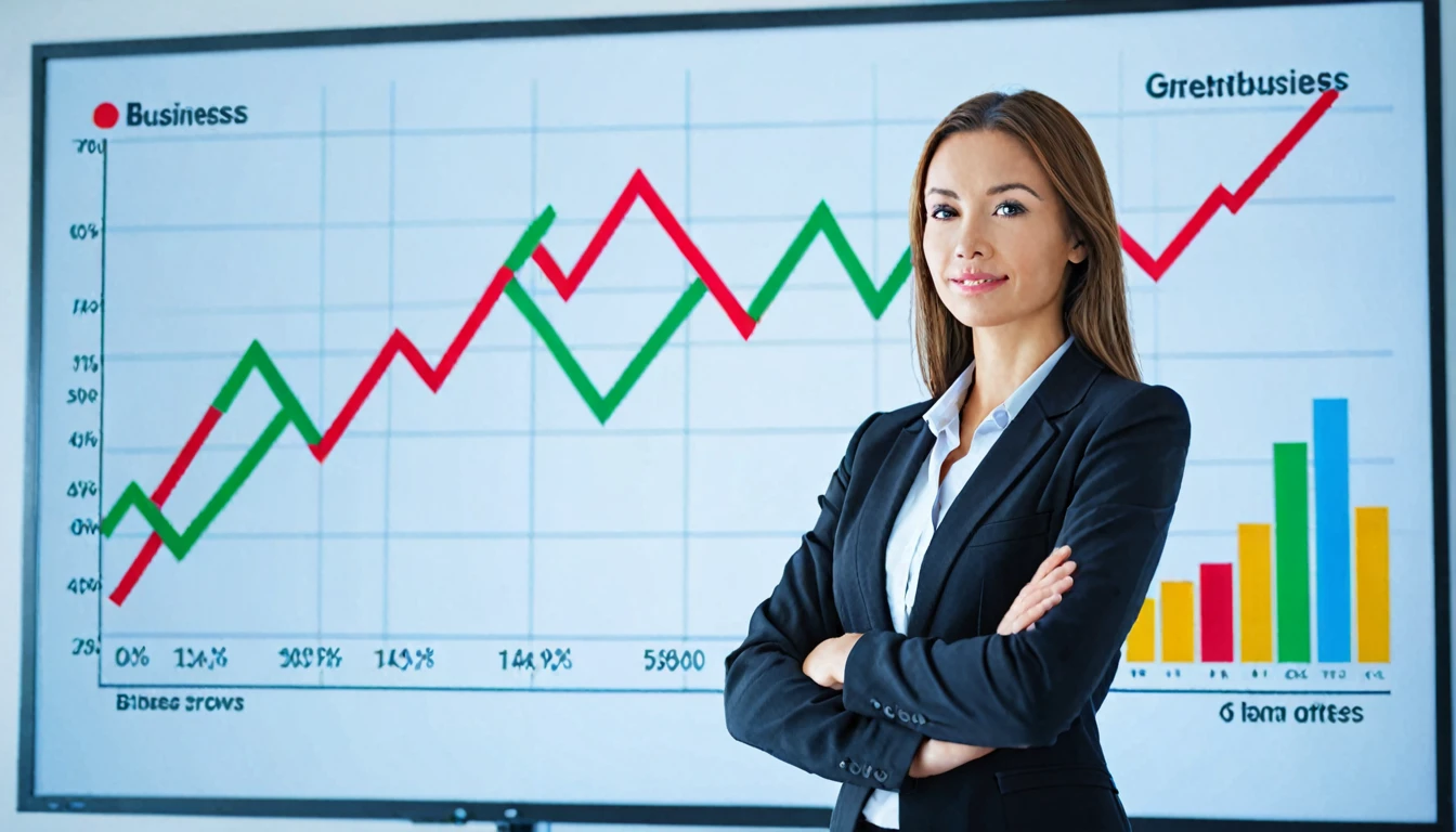 A confident businesswoman standing in front of a presentation screen showing business growth charts 