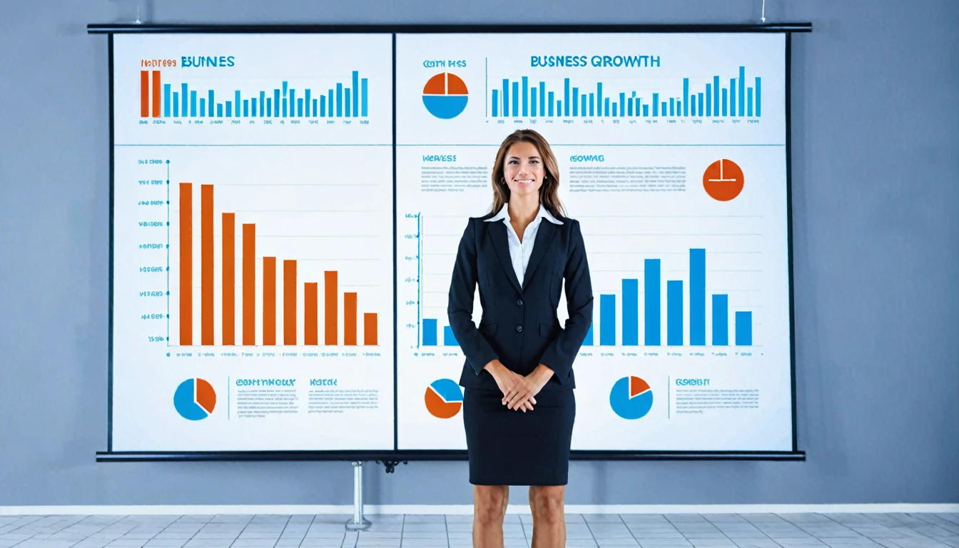A confident businesswoman standing in front of a presentation screen showing business growth charts