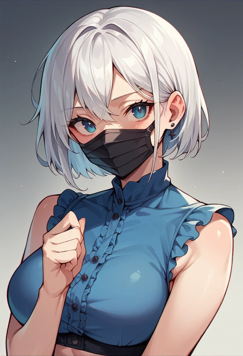 Character with white hair with a black mask and blue blouse