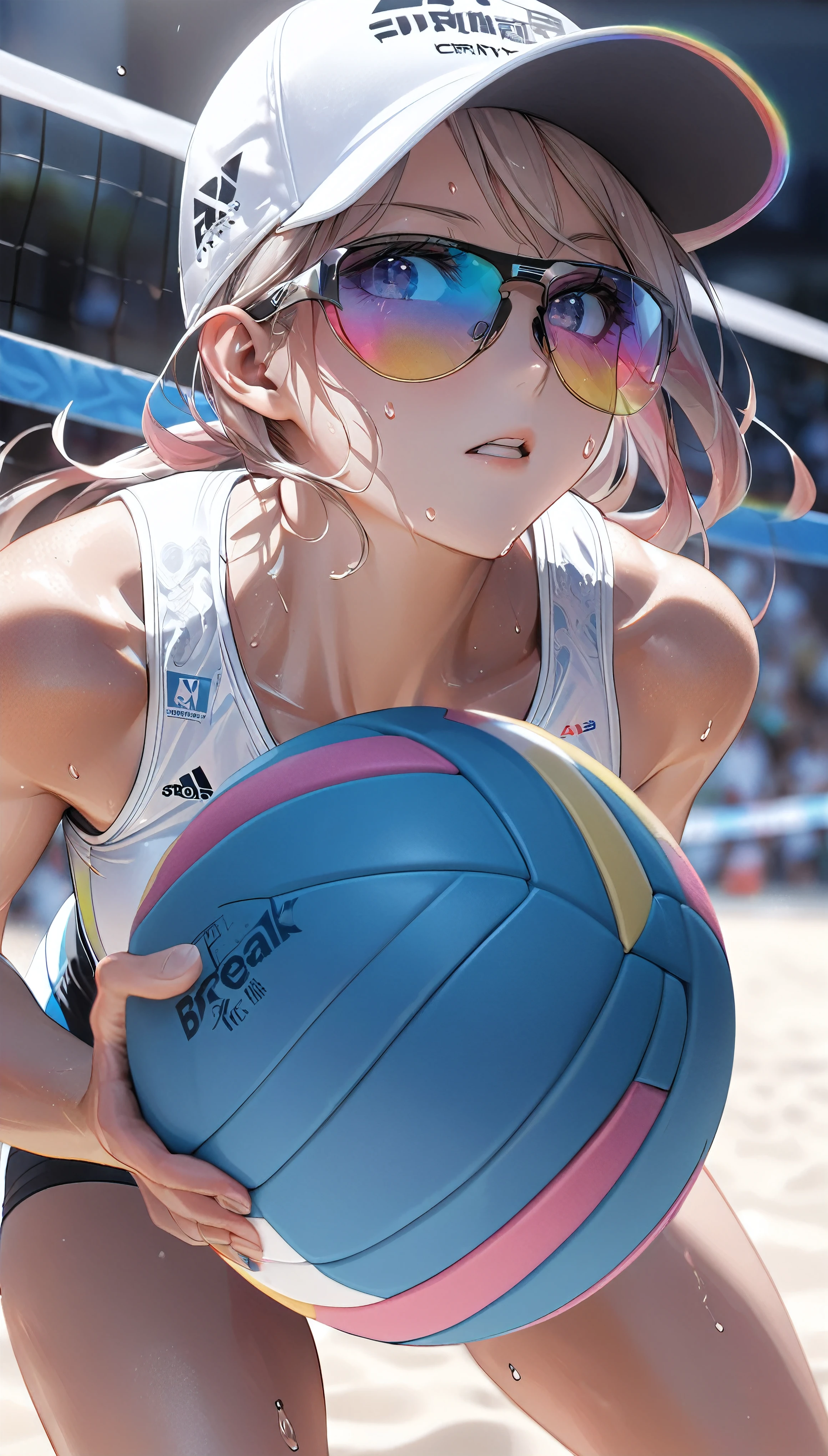Attractive female athletes, Female beach volleyball player, 
BREAK Bikini Swimwear, Detailed and attractive skin textures, (Sports sunglasses with a fantastic rainbow reflection), White sports hat from a leading brand, stylish, 
BREAK (Tanned, wheat-colored skin, Glossy and soft texture, Sweat to improve the attractiveness of your skin), A mirage created by the heat of the body, 
BREAK Professional spray work, Detailed and intricate texture, Detailed and intricate brushwork, Detailed and clear depiction, Anatomically correct, Absurd aesthetics, 
BREAK The ideal play for beach volleyball, Aesthetic and exciting sports, 
BREAK The moment the beach volleyball match was decided, International Beach Volleyball Championships, Beach volleyball court on the seaside, 
BREAK Dynamic sports motion, Bold and powerful action, Aesthetic sports action, 
BREAK Sunlight under the scorching sun, Dramatic light and shadow, (Only the background is displayed in monochrome:1.1, Only the subject is presented in vivid colors, Only the subject), Transparent full-color coating on the subject, 
BREAK Professional spray work, Detailed and intricate texture, Detailed and intricate brushwork, Detailed and clear depiction, Anatomically correct, Absurd aesthetics, 
BREAK Highest quality, Highest Resolution, Optimized Octane Rendering, super retina vision, 