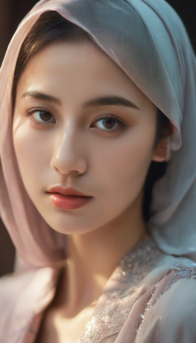 hyper realistic photograph of a hijab beautiful girl ,closeup shot dreamy mood, reflection bokeh, lighting on girl's body, i can't believe how beautiful this is, 8k, hijab, big breast
