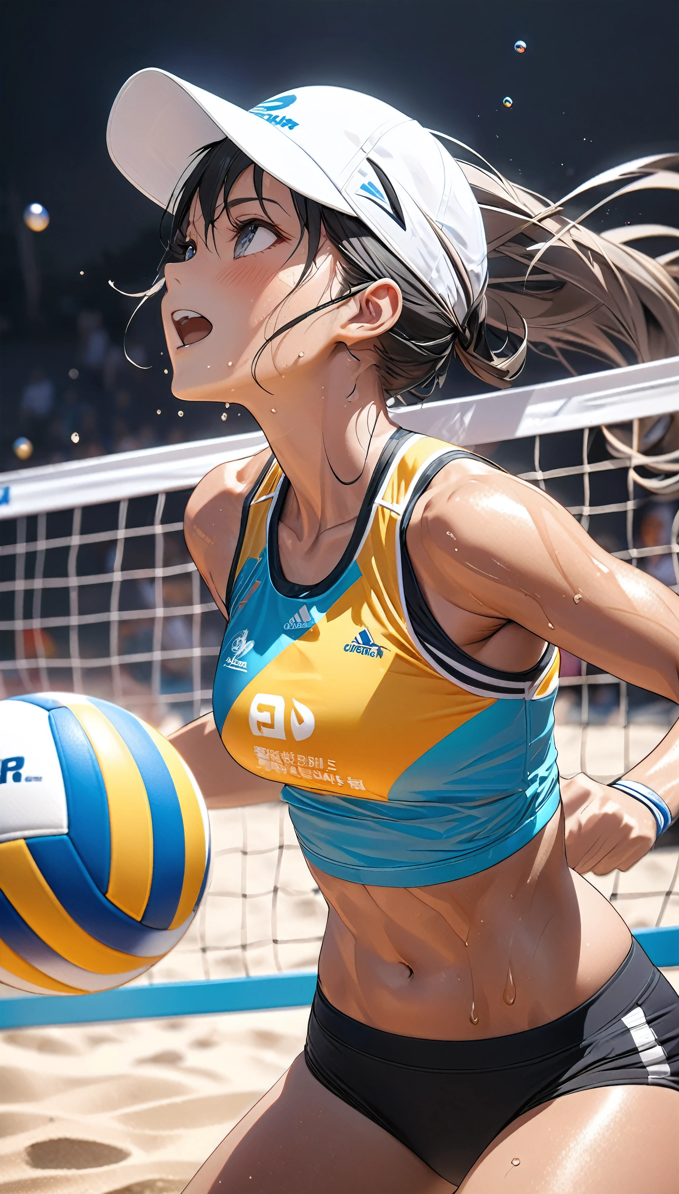 Attractive female athletes, Female beach volleyball player, 
BREAK Bikini Swimwear, Detailed and attractive skin textures, (Sports sunglasses with a fantastic rainbow reflection), White sports hat from a leading brand, stylish, 
BREAK (Tanned, wheat-colored skin, Glossy and soft texture, Sweat to improve the attractiveness of your skin), A mirage created by the heat of the body, 
BREAK Professional spray work, Detailed and intricate texture, Detailed and intricate brushwork, Detailed and clear depiction, Anatomically correct, Absurd aesthetics, 
BREAK The ideal play for beach volleyball, Aesthetic and exciting sports, 
BREAK The moment the beach volleyball match was decided, International Beach Volleyball Championships, Beach volleyball court on the seaside, 
BREAK Dynamic sports motion, Bold and powerful action, Aesthetic sports action, 
BREAK Sunlight under the scorching sun, Dramatic light and shadow, (Only the background is displayed in monochrome:1.1, Only the subject is presented in vivid colors, Only the subject), Transparent full-color coating on the subject, 
BREAK Professional spray work, Detailed and intricate texture, Detailed and intricate brushwork, Detailed and clear depiction, Anatomically correct, Absurd aesthetics, 
BREAK Highest quality, Highest Resolution, Optimized Octane Rendering, super retina vision, 