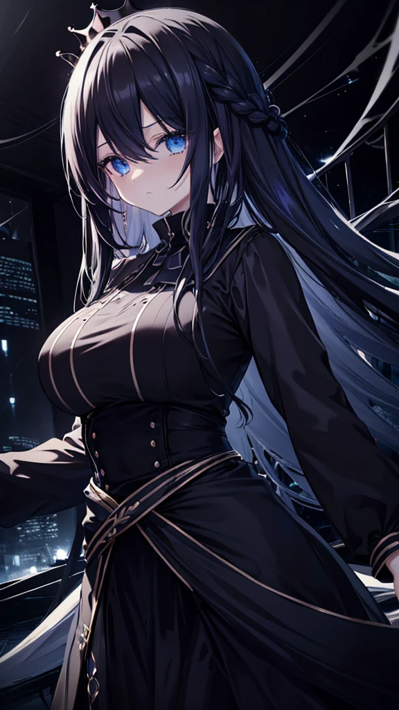 best quality, extremely detailed, anime style girl, long hair down to the waist, straight hair, dark black hair with bluish,crown braid,beautiful detailed eyes, pinched eyes, dark blue eyes, gradation eyes,huge breasts,((((black atmosphere)))),((Luxurious room)),((((cool)))),dynamic angle,sparkling eyes 