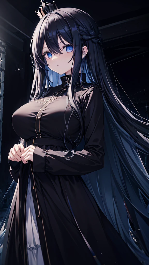 best quality, extremely detailed, anime style girl, long hair down to the waist, straight hair, dark black hair with bluish,crown braid,beautiful detailed eyes, pinched eyes, dark blue eyes, gradation eyes,huge breasts,((((black atmosphere)))),((Luxurious room)),((((cool)))),dynamic angle,sparkling eyes