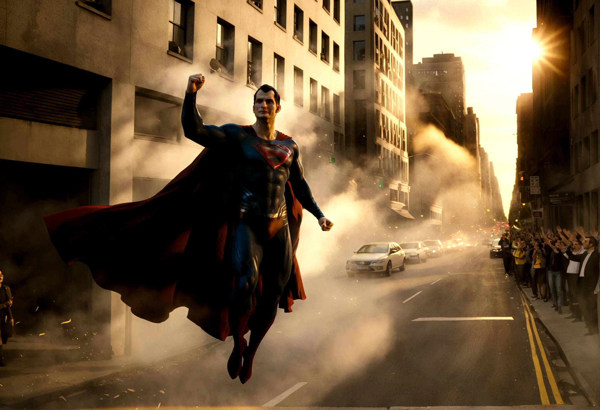 superman flying over street between building waving at people cheering for him,in superhero pose cape flapping