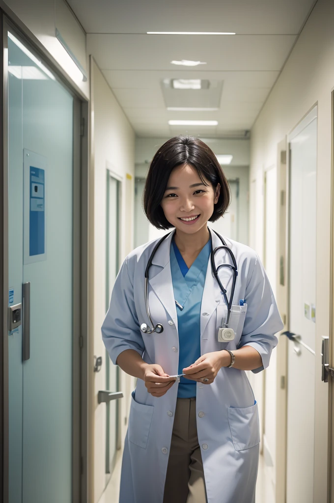 A doctor walks through the hospital, observing patients and smiling gently at a sick