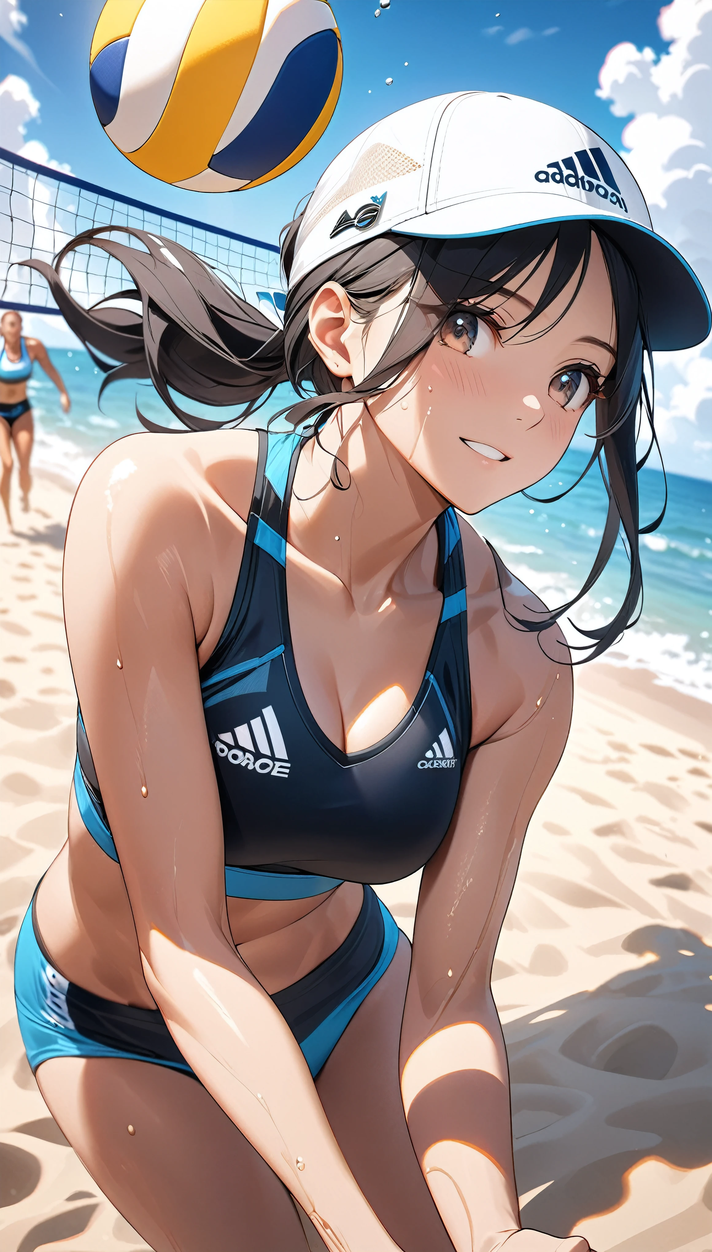 Attractive female athletes, Female beach volleyball player, 
BREAK Bikini Swimwear, Detailed and attractive skin textures, (Sports sunglasses with a fantastic rainbow reflection), White sports hat from a leading brand, stylish, 
BREAK (Tanned, wheat-colored skin, Glossy and soft texture, Sweat to improve the attractiveness of your skin), A mirage created by the heat of the body, 
BREAK Professional spray work, Detailed and intricate texture, Detailed and intricate brushwork, Detailed and clear depiction, Anatomically correct, Absurd aesthetics, 
BREAK The ideal play for beach volleyball, Aesthetic and exciting sports, 
BREAK The moment the beach volleyball match was decided, International Beach Volleyball Championships, Beach volleyball court on the seaside, 
BREAK Dynamic sports motion, Bold and powerful action, Aesthetic sports action, 
BREAK Sunlight under the scorching sun, Dramatic light and shadow, (Only the background is displayed in monochrome:1.1, Only the subject is presented in vivid colors, Only the subject), Transparent full-color coating on the subject, 
BREAK Professional spray work, Detailed and intricate texture, Detailed and intricate brushwork, Detailed and clear depiction, Anatomically correct, Absurd aesthetics, 
BREAK Highest quality, Highest Resolution, Optimized Octane Rendering, super retina vision, 