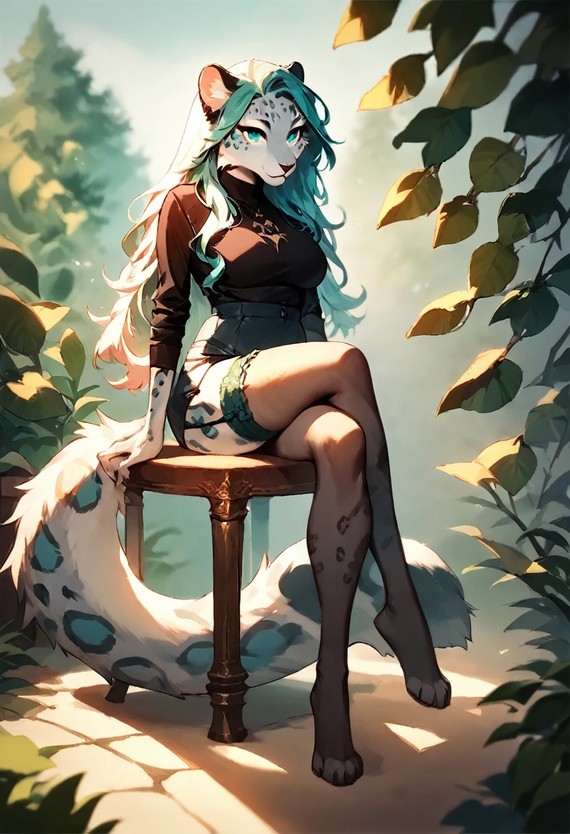 score_9, score_8_up, score_7_up, score_6_up, score_5_up, score_4_up, (solo), female anthro Snow leopard, black shirt, mini skirt, lusty, fluffy body, long blond hair, turquoise eyes, sitting, (thick thighs:0.3) (she is standing) garter belt tights, legs crossed