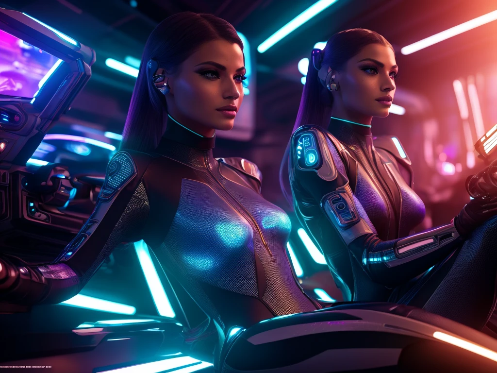 a sexy woman playing video games in a futuristic spaceship, beautiful detailed eyes, beautiful detailed lips, extremely detailed face, long eyelashes, beautiful woman, tight bodysuit, holographic displays, neon lights, glowing monitors, sleek and modern interior, cinematic lighting, vibrant colors, photorealistic, 8k, high quality, concept art
