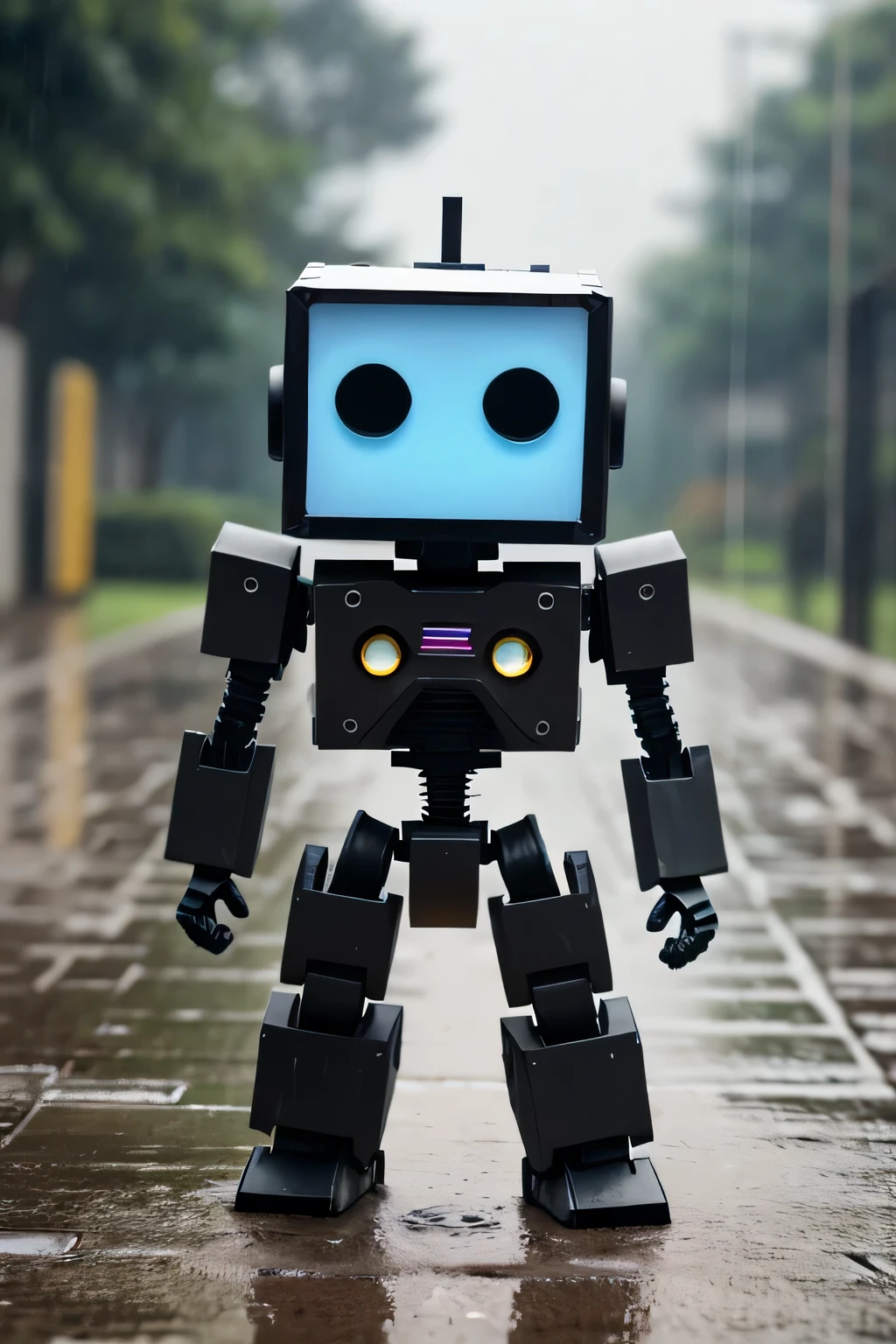 A small cardboard robot with a square head and rectangular limbs stands in the rain. Water droplets are visible on the robot's surface, and the ground appears wet and reflective. The background is blurry, giving a bokeh effect. The robot has simple, expressive facial features, including round eyes and a triangular nose.