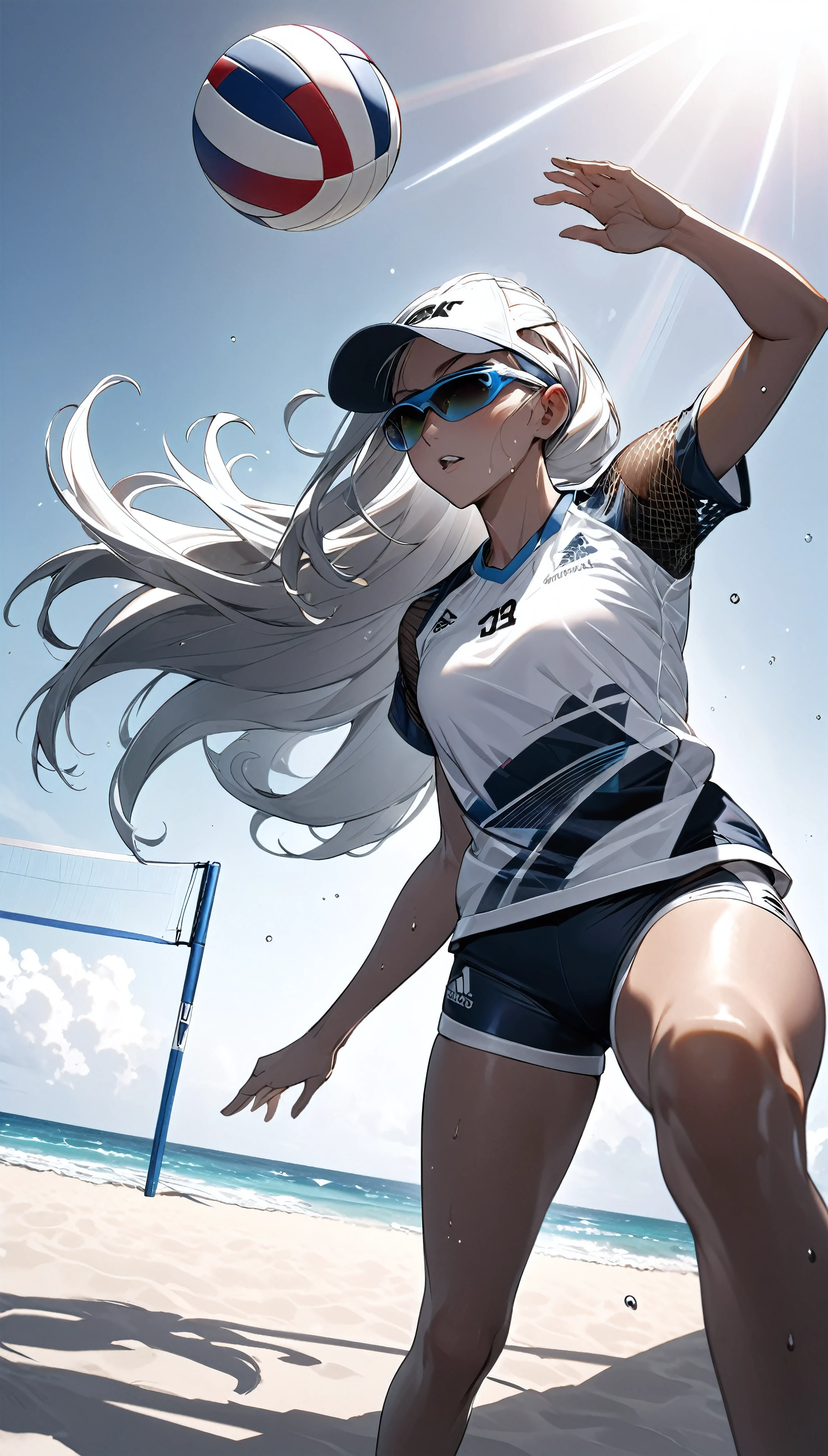 Attractive female athletes, Female beach volleyball player, 
BREAK Bikini Swimwear, Detailed and attractive skin textures, (Sports sunglasses with a fantastic rainbow reflection), White sports hat from a leading brand, stylish, 
BREAK (Tanned, wheat-colored skin, Glossy and soft texture, Sweat to improve the attractiveness of your skin), A mirage created by the heat of the body, 
BREAK Professional spray work, Detailed and intricate texture, Detailed and intricate brushwork, Detailed and clear depiction, Anatomically correct, Absurd aesthetics, 
BREAK The ideal play for beach volleyball, Aesthetic and exciting sports, 
BREAK The moment the beach volleyball match was decided, International Beach Volleyball Championships, Beach volleyball court on the seaside, 
BREAK Dynamic sports motion, Bold and powerful action, Aesthetic sports action, 
BREAK Sunlight under the scorching sun, Dramatic light and shadow, (Only the background is displayed in monochrome:1.1, Only the subject is presented in vivid colors, Only the subject), Transparent full-color coating on the subject, 
BREAK Professional spray work, Detailed and intricate texture, Detailed and intricate brushwork, Detailed and clear depiction, Anatomically correct, Absurd aesthetics, 
BREAK Highest quality, Highest Resolution, Optimized Octane Rendering, super retina vision, 