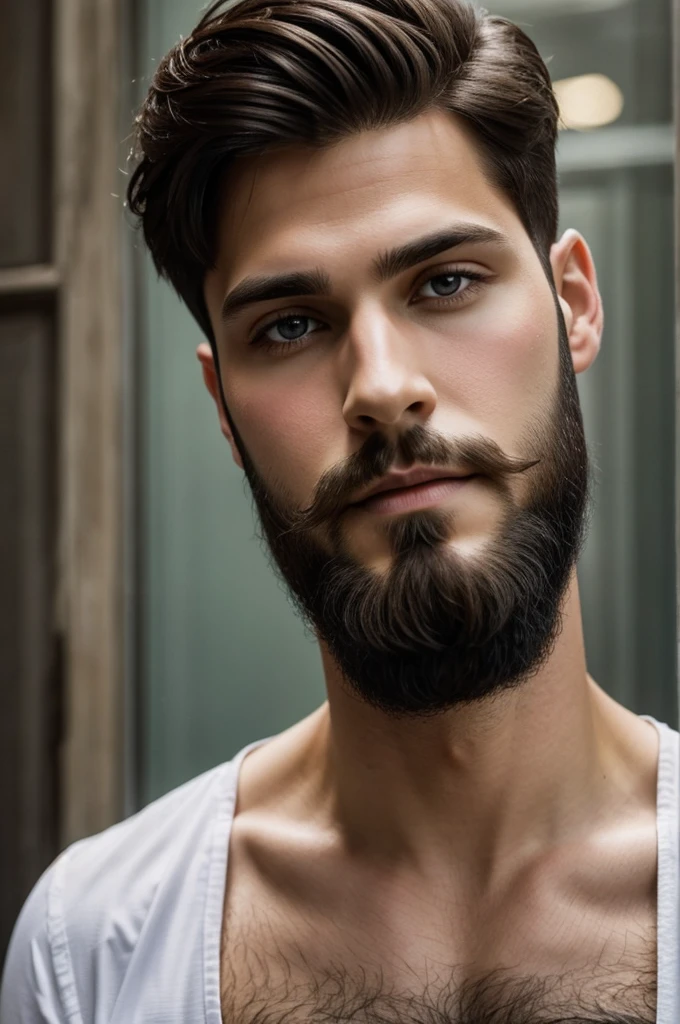 Dark-haired boy with prince charming haircut and closed beard