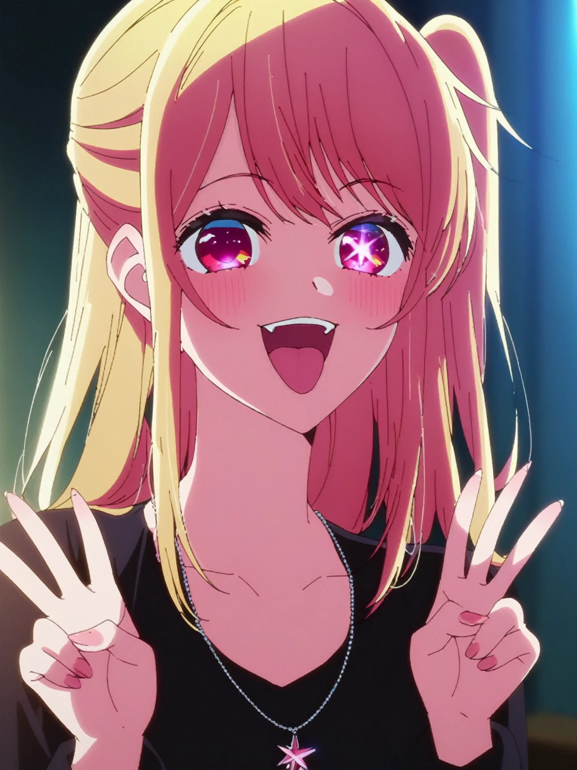 1girl, hoshinoruby, solo, star-shaped pupils, long hair, one side up, blonde hair, small breasts, BREAK
black shirt, long sleeves,, necklace, sparkling aura, BREAK
upper body, portrait, smile, open mouth, :d, tongue out, (fangs:0.8), double v, BREAK
backlighting, score_9, score_8_up, score_7_up, score_6_up, anime, fizrotart, glowing eyes,
(high quality, detailed, beautiful), shiny, detailed beautiful eyes, outstanding, countershading, detailed soft lighting