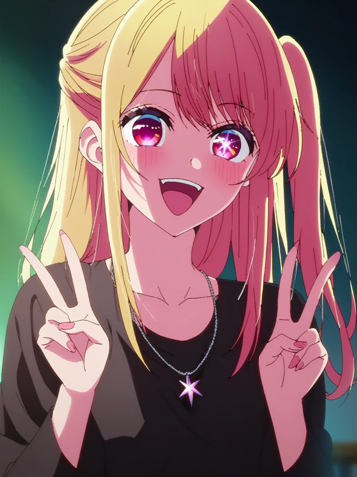 1girl, hoshinoruby, solo, star-shaped pupils, long hair, one side up, blonde hair, small breasts, BREAK
black shirt, long sleeves,, necklace, sparkling aura, BREAK
upper body, portrait, smile, open mouth, :d, tongue out, (fangs:0.8), double v, BREAK
backlighting, score_9, score_8_up, score_7_up, score_6_up, anime, fizrotart, glowing eyes,
(high quality, detailed, beautiful), shiny, detailed beautiful eyes, outstanding, countershading, detailed soft lighting