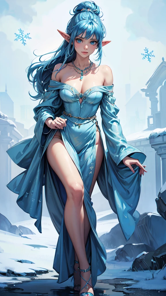 1girll,Genie style,blue hairs,A ball head,(ssmile:0.98),Cute Genie style,Off-the-shoulder attire,Roadshoulder suit,Expose shoulders and neck,Richly decorated metal necklace for clothes,The clothes are opaque,Modern trend elements,Do not cover your neck,Dress coolly,Sexy clothes,Best picture quality,Top masterpiece,High- sharpness,8 k wallpaper,flatchest,A few blue snowflakes hung overhead,Blue snowflakes,Chest dysplasia,The chest is super small,white backgrounid,The protagonist occupies the proportion of the picture: 0.6, detailed eyes, elf woman, flowers, wet hair, flowers, full body