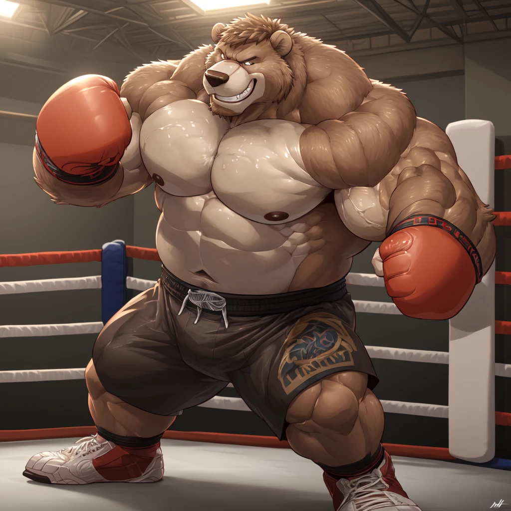 ((solo)), (anthro:1.2) bear (lora; little john), adult, (athletic:1.4), (dense muscles), (super strong:1.4), (correct anatomy:1.2), (broad shoulders:1.2), (heavy build, massive body:1.6), (realistic fur, detailed brown fur texture:1.3), kickboxing martial arts tournament background (corner of the kickboxing MMA ring:1.6), photorealistic, (black compression shorts), (bare torso:1.4), (footwear:1.2), (detailed kickboxing martial arts black shorts), hyperrealistic, ultradetailed, (by wfa:1.2), (by takemoto_arashi, by vorusuarts, by Traver009:1, by grimfaust:1), natural lighting, (oiled up:1.4), ursine head (open eyes, brown mane), (sexy:1.2), ((serious grin:1.4) expression), (punching:1.4), (view from center:1.4)