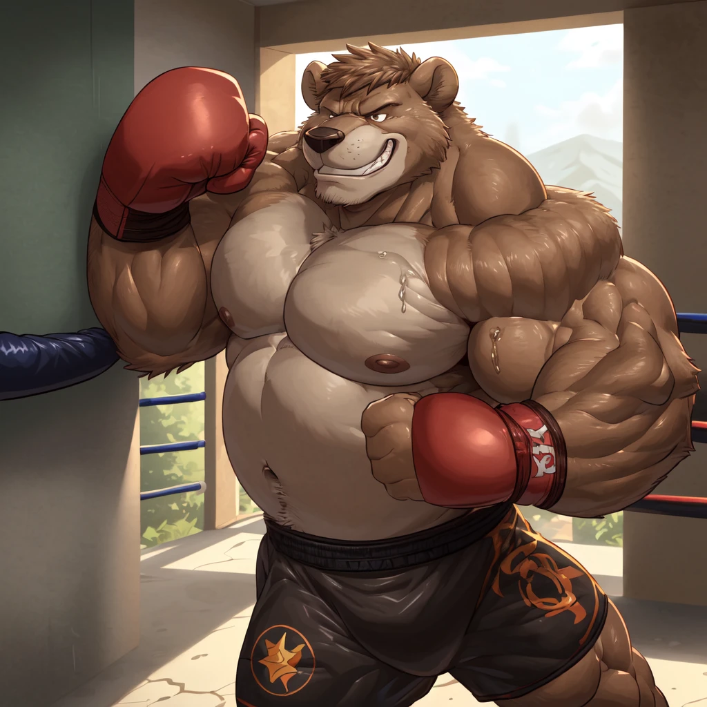 ((solo)), (anthro:1.2) bear (lora; little john), adult, (athletic:1.4), (dense muscles), (super strong:1.4), (correct anatomy:1.2), (broad shoulders:1.2), (heavy build, massive body:1.6), (realistic fur, detailed brown fur texture:1.3), kickboxing martial arts tournament background (corner of the kickboxing MMA ring:1.6), photorealistic, (black compression shorts), (bare torso:1.4), (footwear:1.2), (detailed kickboxing martial arts black shorts), hyperrealistic, ultradetailed, (by wfa:1.2), (by takemoto_arashi, by vorusuarts, by Traver009:1, by grimfaust:1), natural lighting, (oiled up:1.4), ursine head (open eyes, brown mane), (sexy:1.2), ((serious grin:1.4) expression), (punching:1.4), (view from center:1.4)