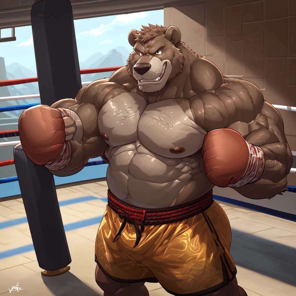((solo)), (anthro:1.2) bear (lora; little john), adult, (athletic:1.4), (dense muscles), (super strong:1.4), (correct anatomy:1.2), (broad shoulders:1.2), (heavy build, massive body:1.6), (realistic fur, detailed brown fur texture:1.3), kickboxing martial arts tournament background (corner of the kickboxing MMA ring:1.6), photorealistic, (black compression shorts), (bare torso:1.4), (footwear:1.2), (detailed kickboxing martial arts black shorts), hyperrealistic, ultradetailed, (by wfa:1.2), (by takemoto_arashi, by vorusuarts, by Traver009:1, by grimfaust:1), natural lighting, (oiled up:1.4), ursine head (open eyes, brown mane), (sexy:1.2), ((serious grin:1.4) expression), (punching:1.4), (view from center:1.4)