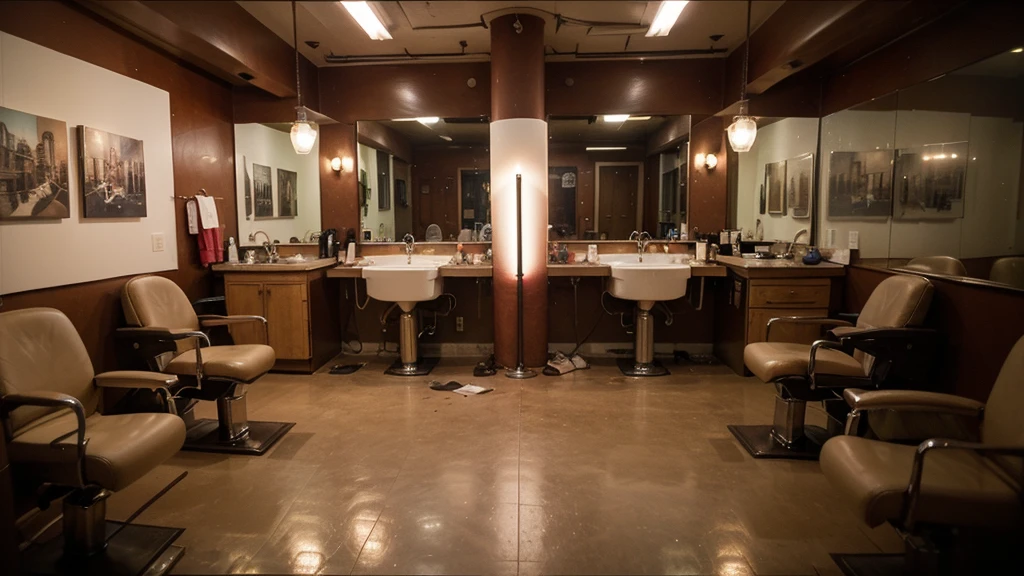 ((best qualityer)), ((work of art)), (detailded), Feeling of terror and tension , Perspective view from the ground ,Empty and dirty barbershop with green and red lighting, architechture, cinematic