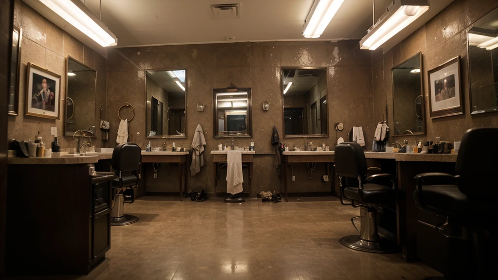((best qualityer)), ((work of art)), (detailded), Feeling of terror and tension , Perspective view from the ground ,Empty and dirty barbershop with green and red lighting, architechture, cinematic