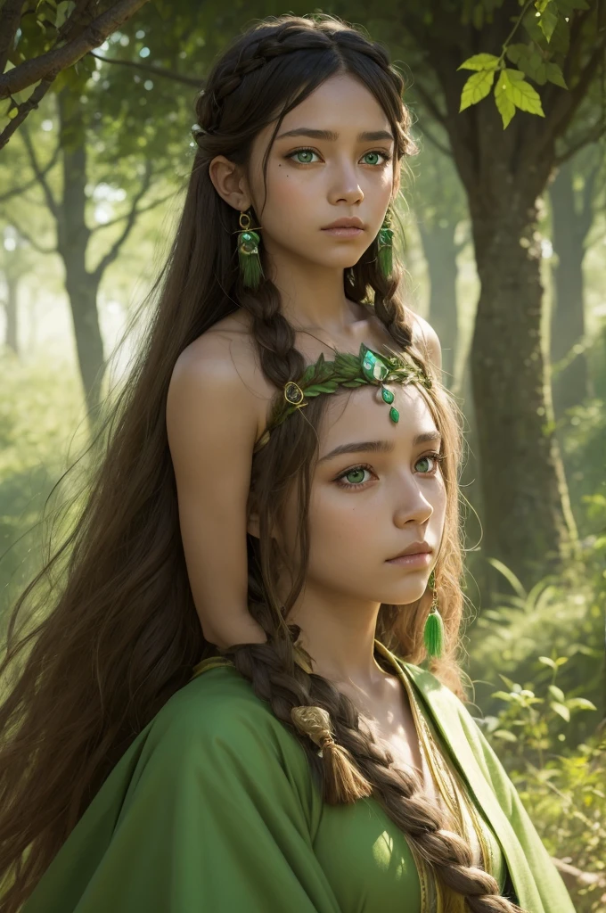Woman druid with green eyes of lazy light skin with a tired face and princess outfit from a small tribe