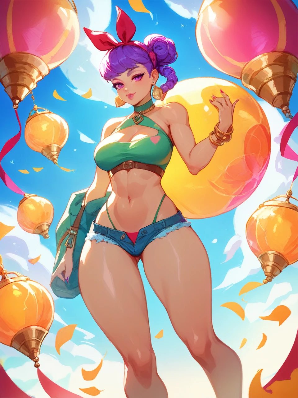 score_9, score_8_up, score_7_up, 1girl,,two_side_up,solo,large_breasts,highres,florabelle_afkjourney,1girl,hair_ribbon,crop_top,looking_at_viewer, full_body,looking at viewer,,masterpiece,best quality,absurdres,newest,higher