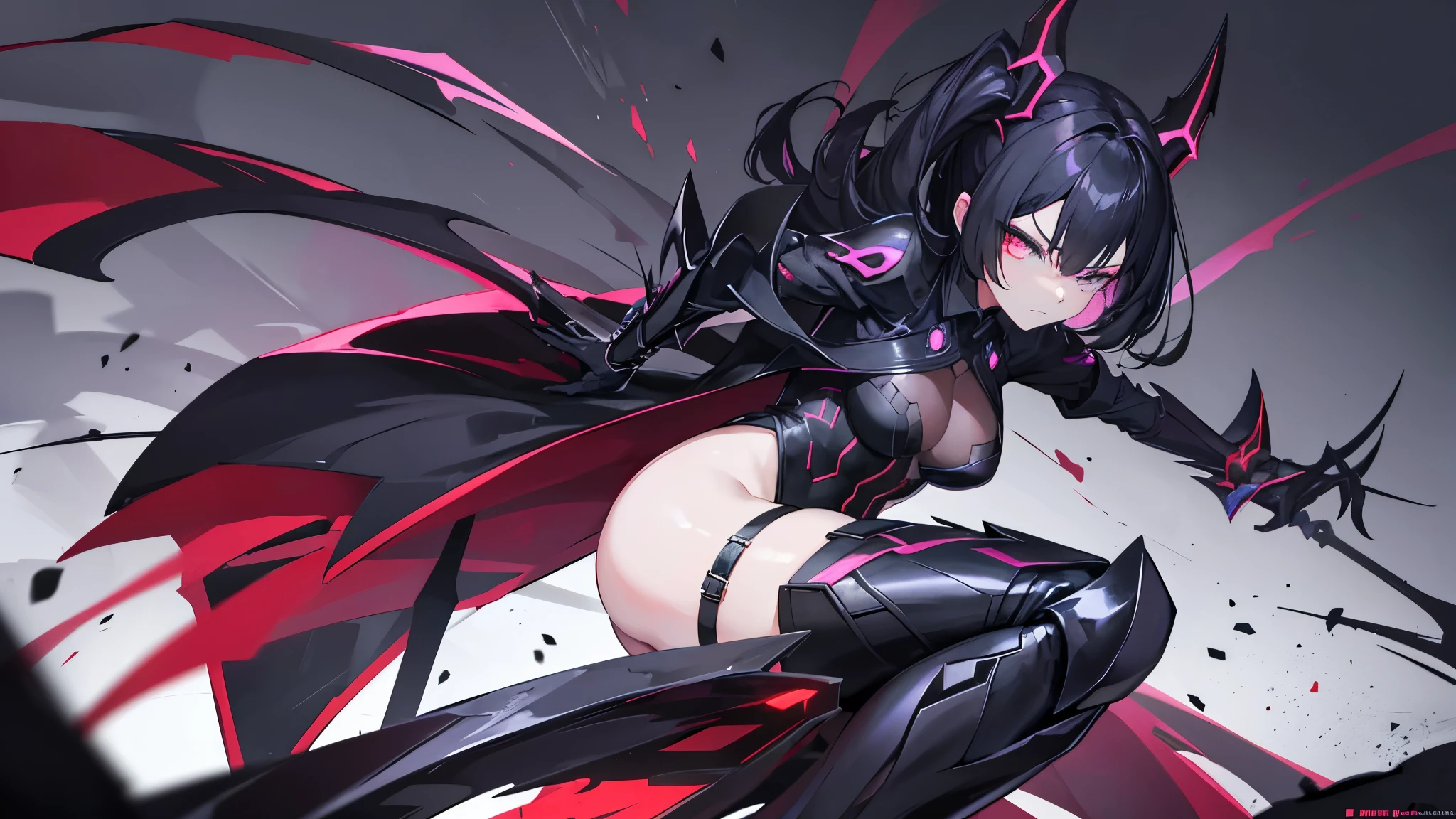 An anime girl with a deadly, queen-like presence, embodying the essence of a black widow. She has a powerful and graceful appearance, with cold, mesmerizing eyes and an aura of danger. Her outfit is sleek and dark, accentuating her femme fatale grace. She stands in the shadows of the night, with an intricate web behind her, symbolizing her lethal nature. Her pose is confident and commanding, with legs that move like blades. The background is a dark, shadowy scene with a hint of a web, emphasizing her predatory instincts and stealth. The lighting is dim, casting mysterious shadows, highlighting her as the ultimate threat. The overall mood is one of danger, power, and independence, capturing her as a silent, sly predator in the darkness.
