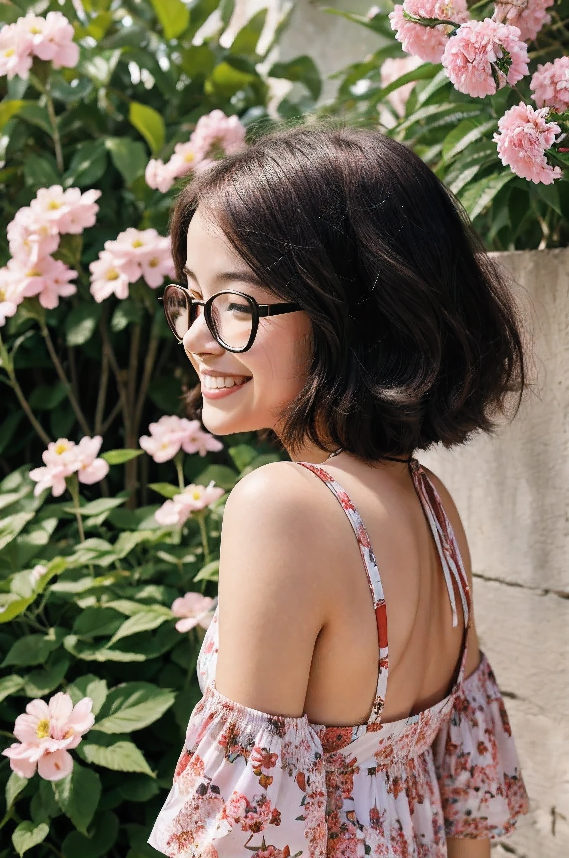 Girl with small eyes in the shade of glasses,Laugh happily,The back is surrounded by many flowers