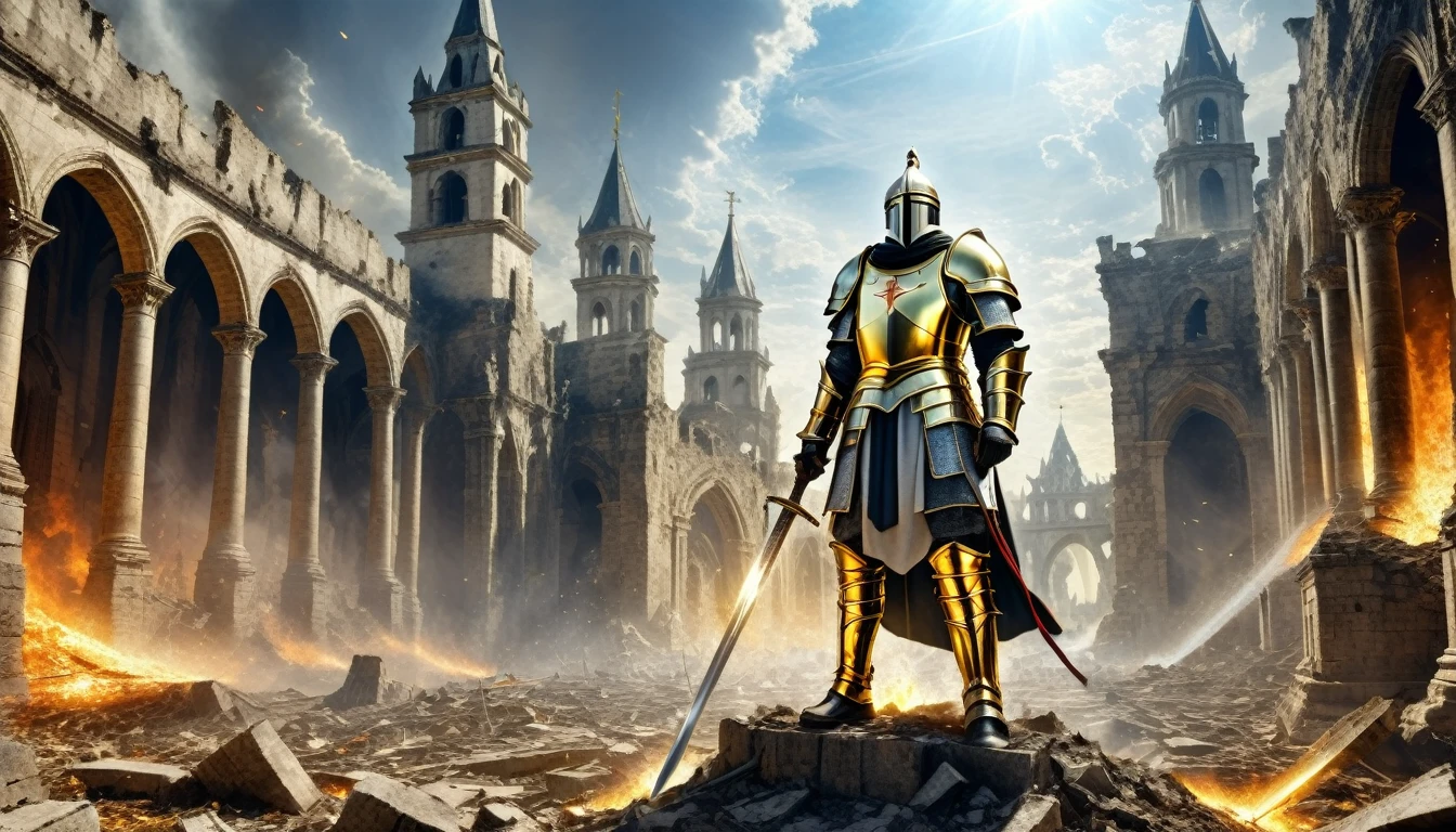 HDR, BEST IMAGE, A SOLDIER OF GOD, TEMPLAR KNIGHT, WITH DRAWN SWORD, WITH COVER, FROM THE HEAVENS, BEFORE A DESTROYED CITY, WHITE IVORY TOWERS WITH GOLD, DESTROYED FALLS, COLOR IMAGE, RUINS ON THE GROUND, FIRE