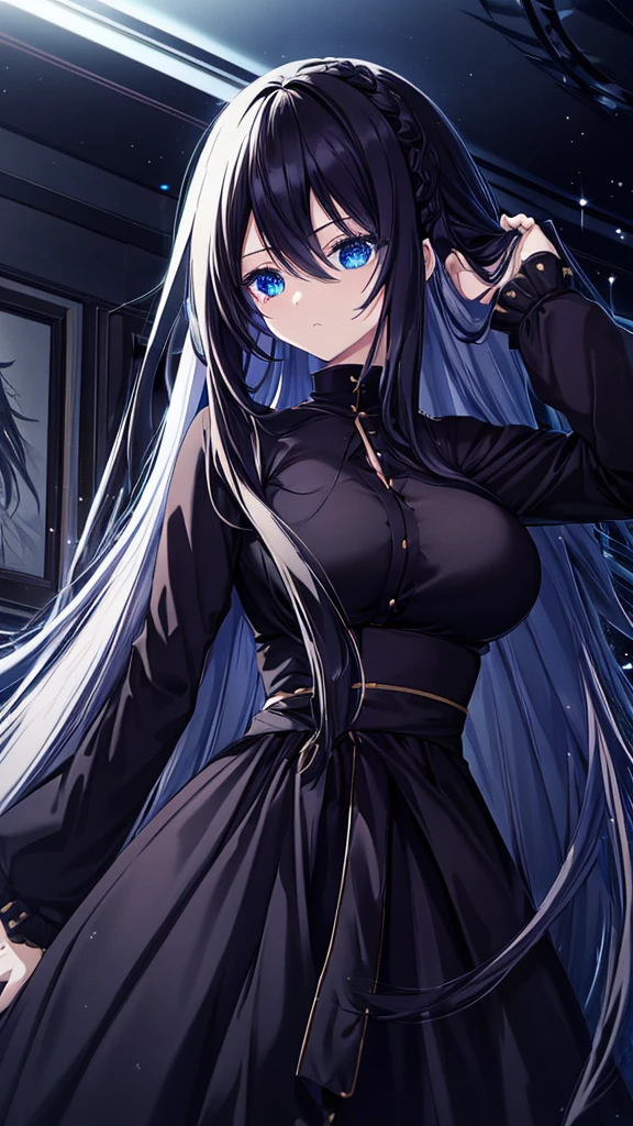 best quality, extremely detailed, anime style girl, long hair down to the waist, straight hair, dark black hair with bluish,crown braid,beautiful detailed eyes, pinched eyes, dark blue eyes, gradation eyes,huge breasts,((((black atmosphere)))),((Luxurious room)),((((cool)))),dynamic angle,sparkling eyes 