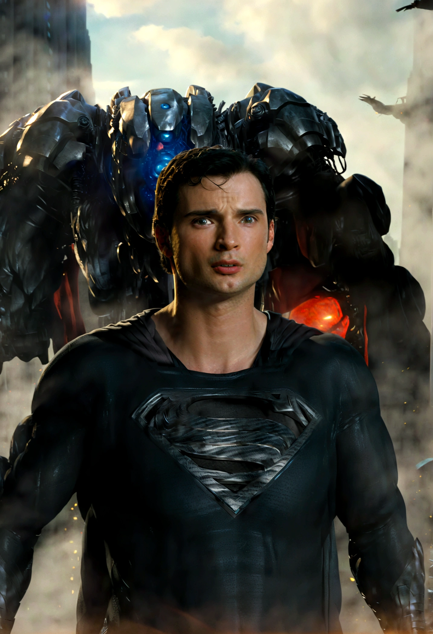 Superman played by Tom Welling fighting big robot