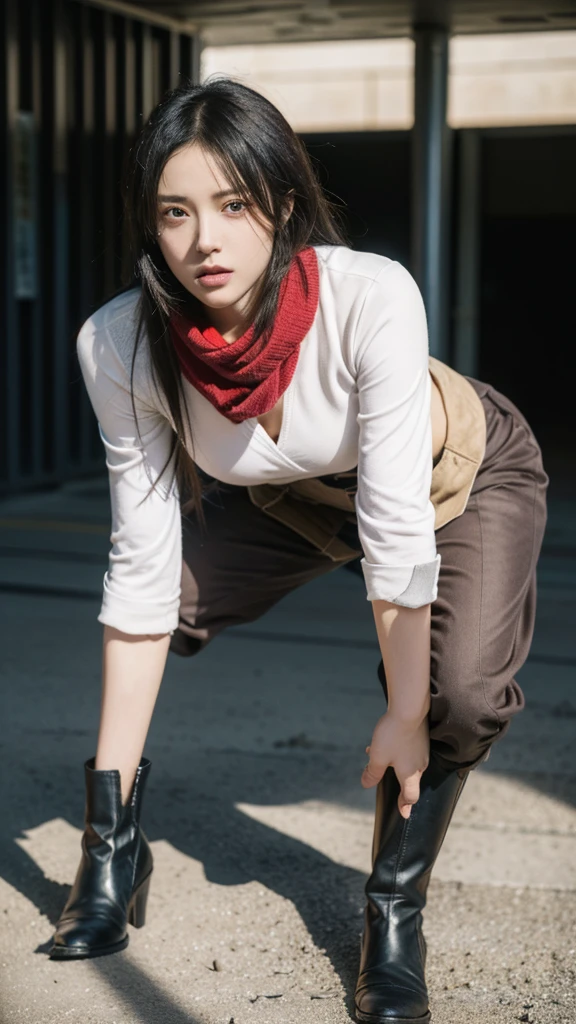 Draw Mikasa Ackerman, an iconic character from anime and manga "shingeki no kyojin" (Attack on Titan). She is known for her strength, agility and unwavering loyalty to your friends.Physical Details:muka:determined and serious expression.large, expressive eyes, usually showing a cold intensity.Bblack hair, smooth and short, usually cut at chin length with a slightly side-swept fringe.badass clothing:Uniform of the Exploration Troop (Survey Corps):Short brown jacket with the Survey Corps emblem on the sleeves and back.white shirt under the jacket.red scarf, an iconic item that Mikasa always uses, wrapped around the neck. She is wearing fitted beige pants.Brown leather knee-high boots, highres, up to the knees.Fixtures:Fixtures de Manobra Tridimensional (3D Maneuver Gear):Attached to the waist and legs, with twin blades and propulsion hooks.Gas tubes and levers to control movements.Posture and Action:Mikasa may be in a combat stance, with one blade in a defensive position and the other ready to attack.Alternatively, it can be drawn in motion, utilizando o Fixtures de Manobra Tridimensional, with hooks thrown and the body leaning forward, indicating speed and agility.scenario:The setting may be a city in ruins, typical of battlefields in "shingeki no kyojin".Additional details may include titans in the background or teammates in action.Colors and Shadows:Use a sober and realistic color palette, highlighting the red of the scarf and the brown of the jacket.Add dramatic shadows to enhance the intensity and dynamism of the scene.