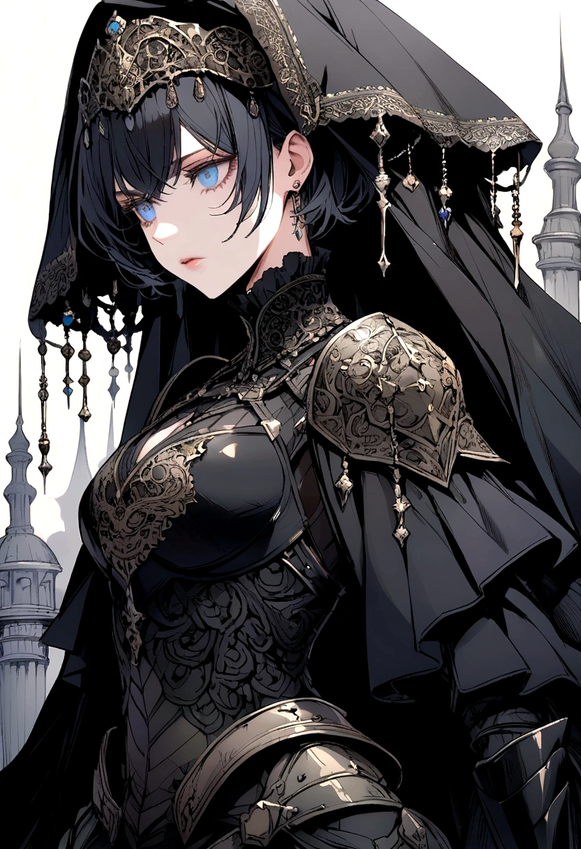 black short hair man, Wear a black veil., Using armor, blue eyes