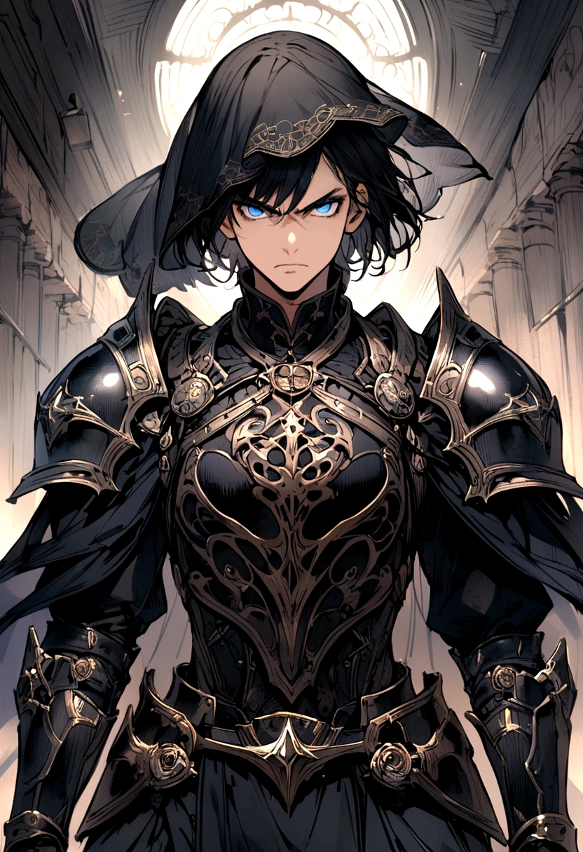 black short hair man, Wear a black veil., Using armor, blue eyes