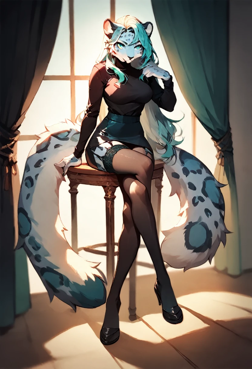 Beautiful interior scene，A shy expression，Soft blur effect，The cat's ears and tail decorate the body，White tight-fitting leather jacket，cat ear，The cat's tail adorns the back of the butt，lying on sofa