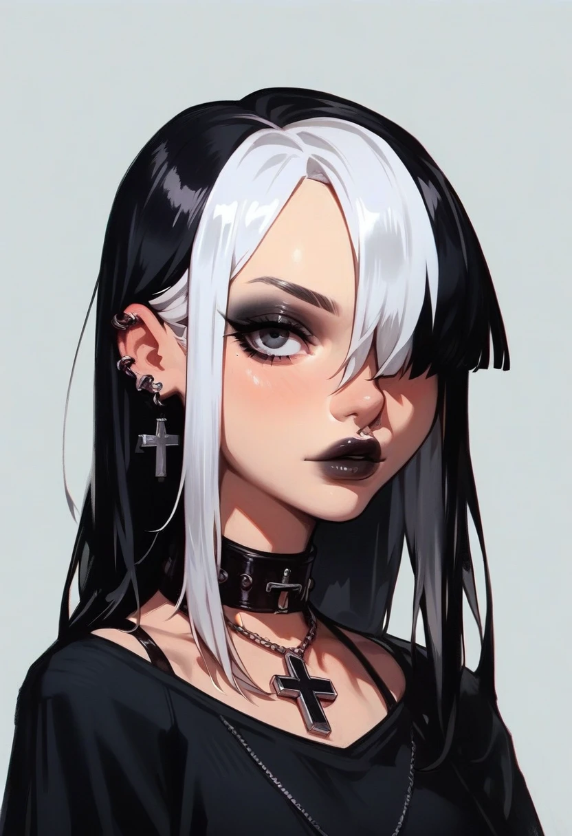 score_9, score_8_up, score_7_up, Goth girl, Goth girl 1girl 1girl,solo,long hair,looking at viewer,simple background,black hair, jewelry,white hair,multicolored hair,choker,black eyes,grey background,necklace,(hair over one eye),two-tone hair,cross,portrait,,  