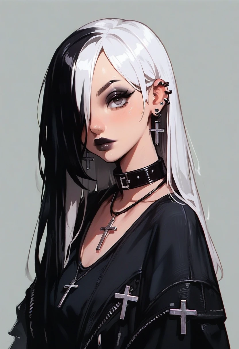 score_9, score_8_up, score_7_up, Goth girl, Goth girl 1girl 1girl,solo,long hair,looking at viewer,simple background,black hair, jewelry,white hair,multicolored hair,choker,black eyes,grey background,necklace,(hair over one eye),two-tone hair,cross,portrait,,  