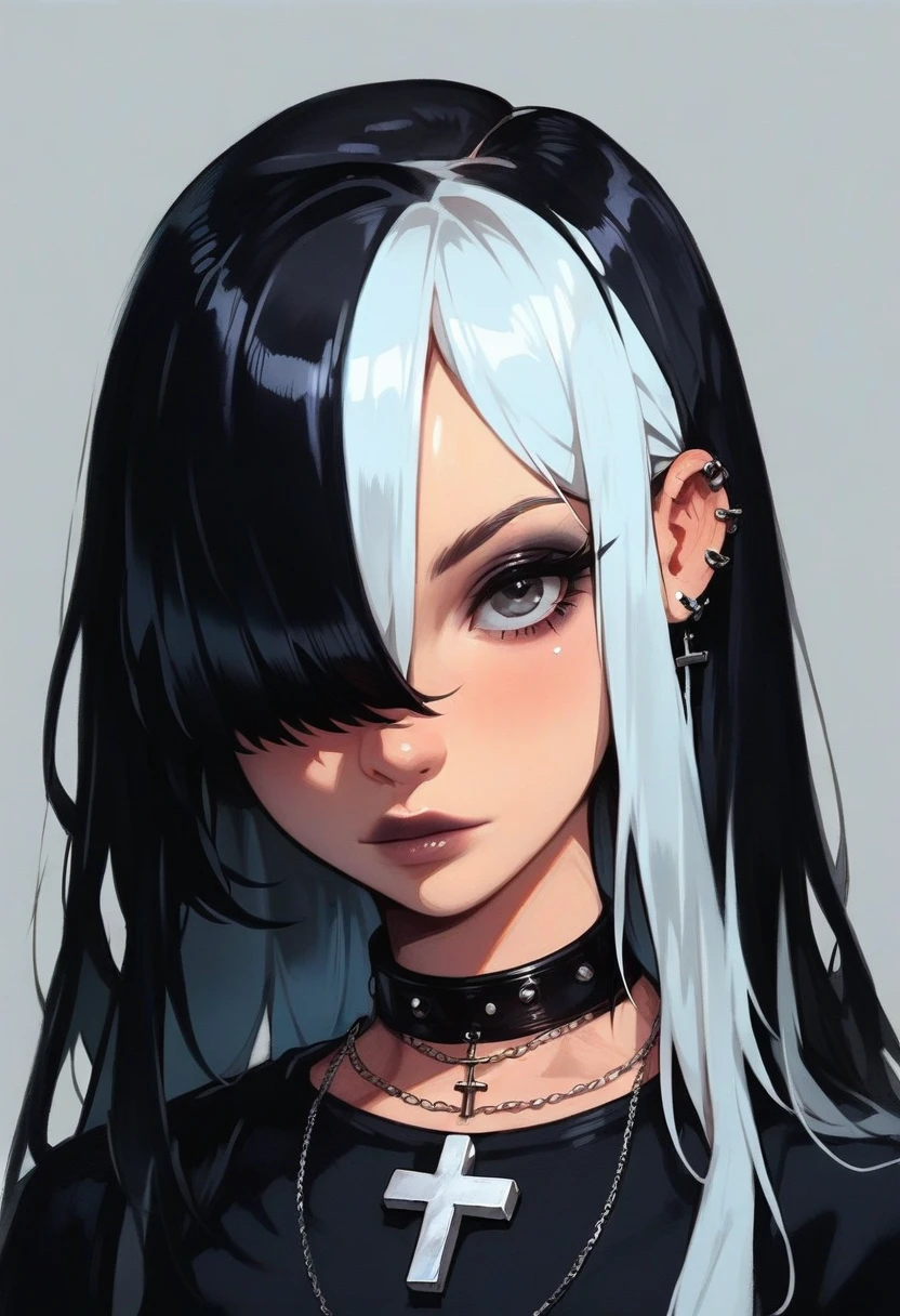 score_9, score_8_up, score_7_up, Goth girl, Goth girl 1girl 1girl,solo,long hair,looking at viewer,simple background,black hair, jewelry,white hair,multicolored hair,choker,black eyes,grey background,necklace,(hair over one eye),two-tone hair,cross,portrait,,  