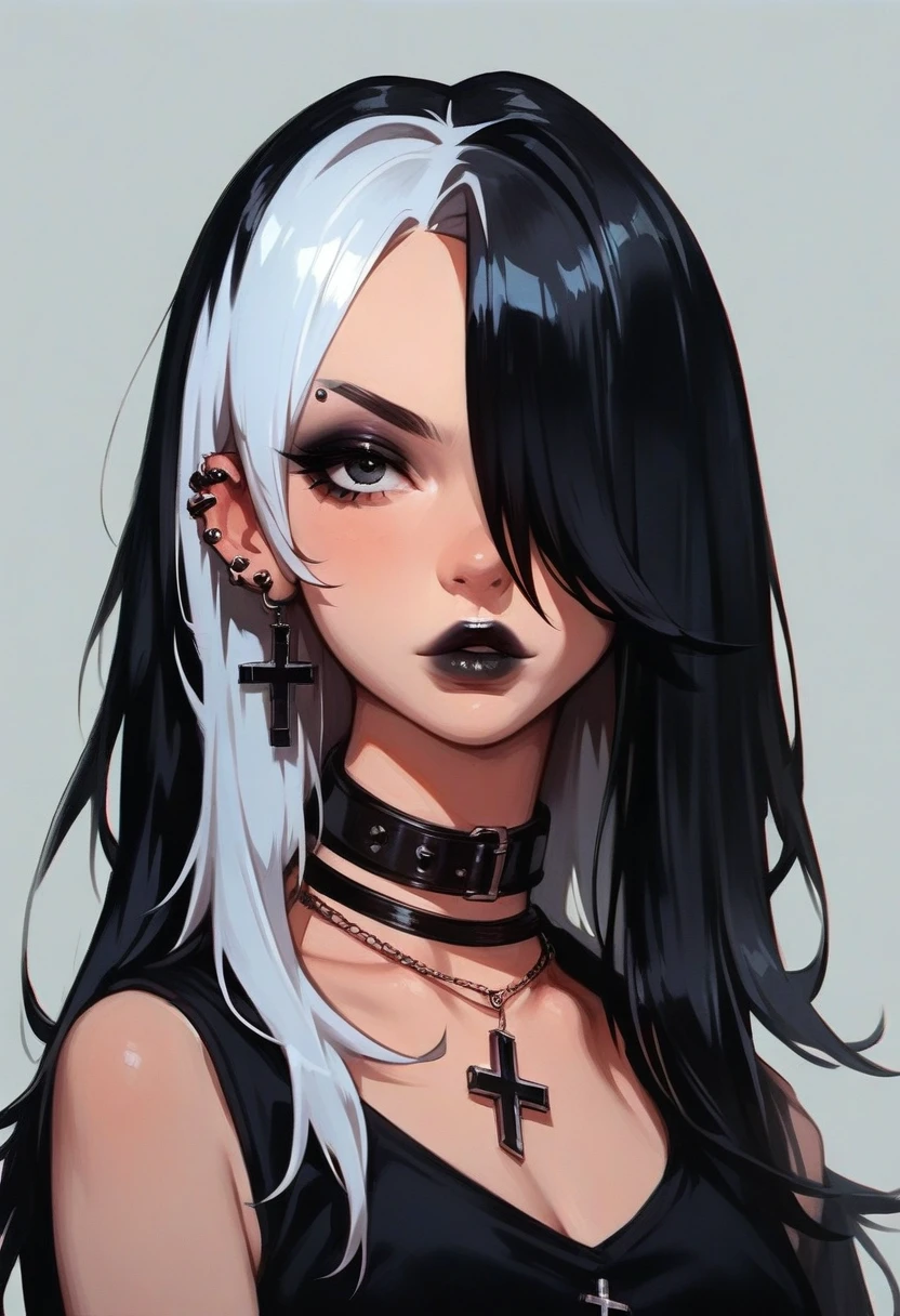 score_9, score_8_up, score_7_up, Goth girl, Goth girl 1girl 1girl,solo,long hair,looking at viewer,simple background,black hair, jewelry,white hair,multicolored hair,choker,black eyes,grey background,necklace,(hair over one eye),two-tone hair,cross,portrait,,  