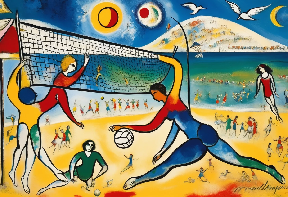 Beach volleyball ((Marc Chagall style)), magic naive art, primitivism, protogen, 
, ((best quality, Masterpiece)), ((Highest detail)), RAW:1,1, 8k