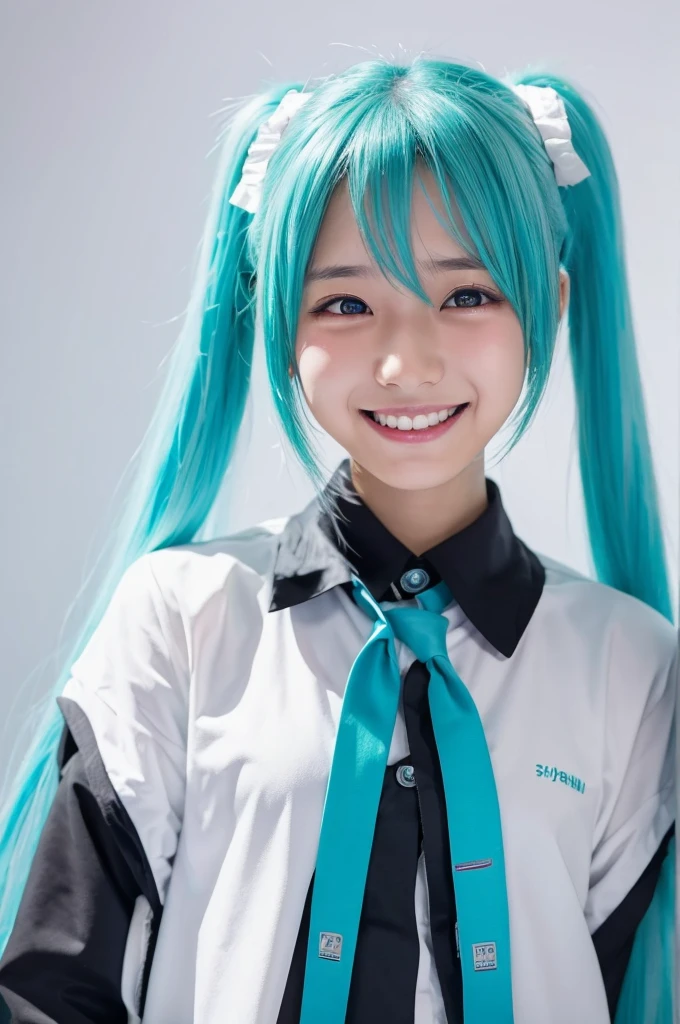 Hatsune Miku standing and smiling while crying,White background