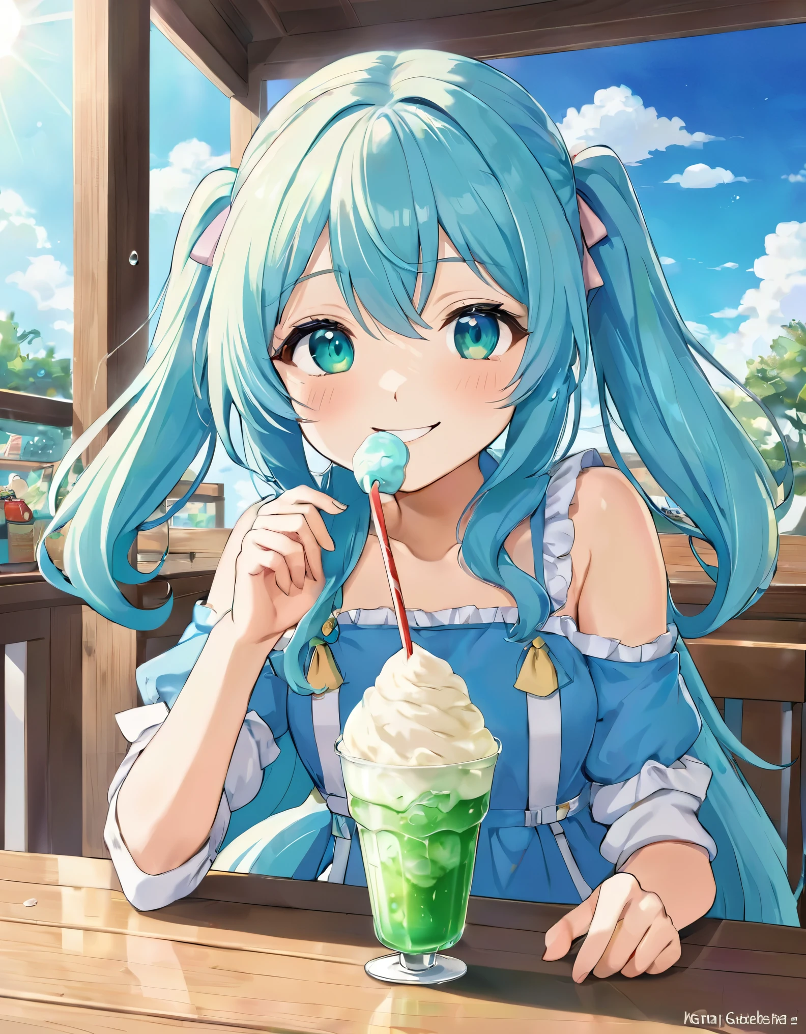 Anime girl drinking ice cream on green drink at table by window, Light blue long hair、Twin-tailed Girl、Bright smile、cream soda、Cute realistic portrait, Cute girl anime visuals, Soda themed girl, Cute Anime Girl, Anime Moe Art Style, With a straw, Splash art anime